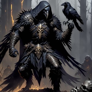 crow man, ravenlord, raven face, with armor, full body, action_pose, full_body, fighting with Orcs, human remains