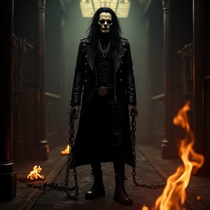 Eric Draven full body shot, skull face (calaveric face), a powerful metalhead, stands tall in a dark, eerie bedroom. His skull-face makeup glistens with a pale, ghostly complexion, while his long black hair flows like a river of night. He wears a black shirt, metal-spiked leather jacket, and skinny leather pants, adorned with tattoos and facial piercings. In the background, flames engulf the room, thick slavery chains, thick slave chains slave chains in the scene, casting a fiery glow on the scene. heavy Chains lie broken at Eric's feet, as if he has shattered the shackles that once bound him. thick chains slave chains in the scene. The crow-like atmosphere is enhanced by the presence of goth boys in the shadows, adding to the haunting beauty of this heavy metal-inspired concept art.