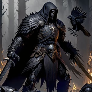 crow man, ravenlord, raven face, with armor, full body, action_pose, full_body, fighting with Orcs, human remains, realistic, realism, high quality, gothic style