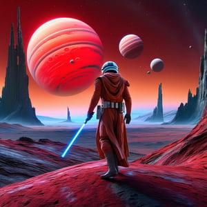 Masterpiece,action scene,1 Jedi (a Jedi in a beautiful sci-fi landscape, big saturn on sky),beautiful appearance,brandishing a lightsaber,lightsaber in hand,light saber,sci-fi,sci_fi,futuristic,jedi clothes,beautiful sci-fi landscape,planets in the sky,saturn in the sky,landscape,sci-fi landscape,full_body,full body, full-body,hyper realistic, super high definition, high detailed hands,high_resolution,high quality, red_filter,red colorized,(vibrant,photo realistic,realistic,dramatic, dark,sharp focus,8k), (weathered greasy dirty damaged old worn technician worker outfit:1.1), (intricate:1.1), (highly detailed:1.1), digital painting, octane render, (loish:0.23), (global illumination, studio light, volumetric light),high_res,high_resolution,highres,Rashmikasdxl,STOKYO,cyborg style
