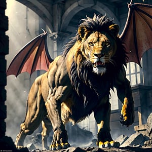 character,character_name Manticore, 1 character animal,mythological,mythology,logo_design,a Manticore (1 manticore,lion head,lion body, wings of a bat,scorpion stinger),lion roar,Lion_roar,front view,shot from the front, look ahead,hyper realistic, front_view,super high definition, high detailed hands,high_resolution,high quality, red_filter,red colorized,(vibrant,photo realistic,realistic,dramatic, dark,sharp focus,8k), (weathered greasy dirty damaged old worn technician worker outfit:1.1), (intricate:1.1), (highly detailed:1.1), digital painting, octane render, (loish:0.23), (global illumination, studio light, volumetric light),high_res,high_resolution,highres,cibertribal,valkyrie style