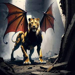 character,character_name Manticore, 1 character animal,mythological,mythology,logo_design,a Manticore (1 manticore,head and body of a lion, wings of a bat and tail of a scorpion),lion roar,Lion_roar,front view,shot from the front, look ahead,hyper realistic, front_view,super high definition, high detailed hands,high_resolution,high quality, red_filter,red colorized,(vibrant,photo realistic,realistic,dramatic, dark,sharp focus,8k), (weathered greasy dirty damaged old worn technician worker outfit:1.1), (intricate:1.1), (highly detailed:1.1), digital painting, octane render, (loish:0.23), (global illumination, studio light, volumetric light),high_res,high_resolution,highres,cibertribal,valkyrie style