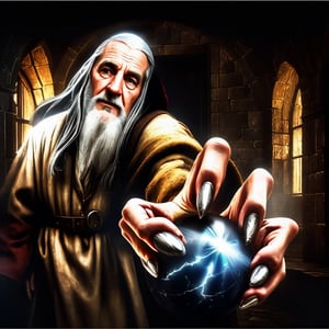 Masterpiece, wizard (old man, long white hair, in gray robe, and sphere of power in 1 hand, in war attack position), inside a medieval castle, realistic, hyper realistic, super high definition, high detailed hands, uniform eyes,  medieval, story, high_resolution, high quality, red_filter, red colorized, (vibrant, photo realistic, realistic, dramatic, dark, sharp focus, 8k), (weathered greasy dirty damaged old worn technician worker outfit:1.1), (intricate:1.1), (highly detailed:1.1), digital painting, octane render, (loish:0.23), (global illumination, studio light, volumetric light),lord of the rings (but careful with the word "lord"),Circle,b3rli,gh3a