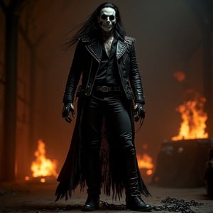 Eric Draven full body shot, skull face (calaveric face), a powerful metalhead, stands tall in a dark, eerie bedroom. His skull-face makeup glistens with a pale, ghostly complexion, while his long black hair flows like a river of night. He wears a black shirt, metal-spiked leather jacket, and skinny leather pants, adorned with tattoos and facial piercings. In the background, flames engulf the room, thick slavery chains, thick slave chains slave chains in the scene, casting a fiery glow on the scene. heavy Chains lie broken at Eric's feet, as if he has shattered the shackles that once bound him. thick chains slave chains in the scene. The crow-like atmosphere is enhanced by the presence of goth boys in the shadows, adding to the haunting beauty of this heavy metal-inspired concept art.