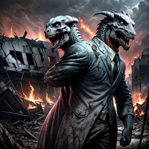 apocalyptic scene, Corrupt politician (with reptilian half face, suit with tie, deformed face), damaged buses, mushroom cloud, skull people, destroyed buildings, acid raining, fire, pandemonium, red sky, dust particles in the environment, far view, far scene view, high_resolution, high quality, red_filter, red colorized, (vibrant, photo realistic, realistic, dramatic, dark, sharp focus, 8k), (weathered greasy dirty damaged old worn technician worker outfit:1.1), (intricate:1.1), (highly detailed:1.1), digital painting, octane render, (loish:0.23), (global illumination, studio light, volumetric light),demonictech,dragonborn,[color] dragonborn (see description and 