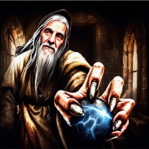 Masterpiece, wizard (old man, long white hair, in gray robe, and sphere of power in hand, in war attack position), inside a medieval castle, realistic, hyper realistic, super high definition, high detailed hands, medieval, story, high_resolution, high quality, red_filter, red colorized, (vibrant, photo realistic, realistic, dramatic, dark, sharp focus, 8k), (weathered greasy dirty damaged old worn technician worker outfit:1.1), (intricate:1.1), (highly detailed:1.1), digital painting, octane render, (loish:0.23), (global illumination, studio light, volumetric light),lord of the rings (but careful with the word "lord"),Circle,b3rli