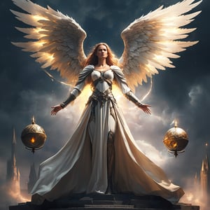 angel woman, sphere-of-power-in-the-hand, flyng in the sky, medieval, castlei, full-body, Third-Person