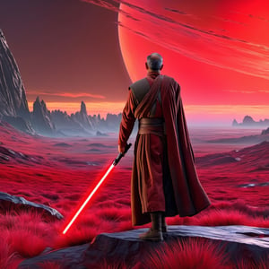 Masterpiece,action scene,1 Jedi (a Jedi in a beautiful sci-fi landscape, big saturn on sky),beautiful appearance,brandishing a lightsaber,lightsaber in hand,light saber,sci-fi,sci_fi,futuristic,jedi clothes,beautiful sci-fi landscape,planets in the sky,saturn in the sky,landscape,sci-fi landscape,full_body,full body, full-body,hyper realistic, super high definition, high detailed hands,high_resolution,high quality, red_filter,red colorized,(vibrant,photo realistic,realistic,dramatic, dark,sharp focus,8k), (weathered greasy dirty damaged old worn technician worker outfit:1.1), (intricate:1.1), (highly detailed:1.1), digital painting, octane render, (loish:0.23), (global illumination, studio light, volumetric light),high_res,high_resolution,highres,Rashmikasdxl,STOKYO,cyborg style