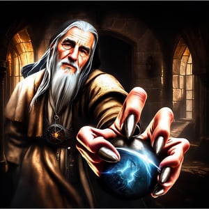 Masterpiece, wizard (old man, long white hair, in gray robe, and sphere of power in 1 hand, in war attack position), inside a medieval castle, realistic, hyper realistic, super high definition, high detailed hands, uniform eyes,  medieval, story, high_resolution, high quality, red_filter, red colorized, (vibrant, photo realistic, realistic, dramatic, dark, sharp focus, 8k), (weathered greasy dirty damaged old worn technician worker outfit:1.1), (intricate:1.1), (highly detailed:1.1), digital painting, octane render, (loish:0.23), (global illumination, studio light, volumetric light),lord of the rings (but careful with the word "lord"),Circle,b3rli,gh3a,AngelicStyle,HZ Steampunk