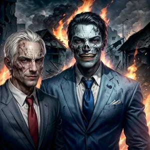 apocalyptic scene, Corrupt oldman politician (with reptilian half face and smiling face, suit with tie, deformed face, showing a poster in his hand), damaged buses, political advertising, mushroom cloud, skull people, destroyed buildings, acid raining, fire, pandemonium, red sky, dust particles in the environment, far view, full_body, far scene view, high_resolution, high quality, red_filter, red colorized, (vibrant, photo realistic, realistic, dramatic, dark, sharp focus, 8k), (weathered greasy dirty damaged old worn technician worker outfit:1.1), (intricate:1.1), (highly detailed:1.1), digital painting, octane render, (loish:0.23), (global illumination, studio light, volumetric light),demonictech,dragonborn,[color] dragonborn (see description)
