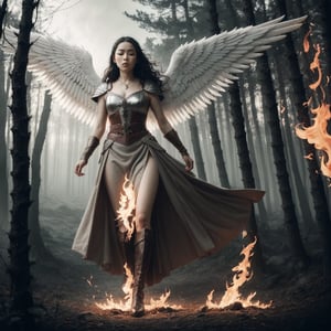 Story, Angelic Woman in an enchanted forest, Caucasic, black hair, fiery winged warrior posing under medieval battle story, elaborate scene style, glitter, orange, full body, full body view, sparks of fire, smoke around, realistic style, 8k,exposure blend, medium shot, bokeh, (hdr:1.4), high contrast, (cinematic, dark orange and white film), (muted colors, dim colors, soothing tones:1.3), low saturation, (hyperdetailed:1.2), (noir:0.4),1 girl
,Aurora,lord of the rings (but careful with the word "lord")