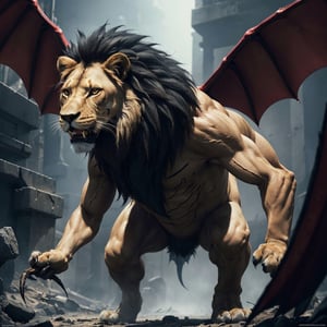 character,character_name Manticore, 1 character animal,mythological,mythology,logo_design,a Manticore (1 manticore,lion head,lion body, wings of a bat,scorpion stinger),lion roar,Lion_roar,front view,shot from the front, look ahead,hyper realistic, front_view,super high definition, high detailed hands,high_resolution,high quality, red_filter,red colorized,(vibrant,photo realistic,realistic,dramatic, dark,sharp focus,8k), (weathered greasy dirty damaged old worn technician worker outfit:1.1), (intricate:1.1), (highly detailed:1.1), digital painting, octane render, (loish:0.23), (global illumination, studio light, volumetric light),high_res,high_resolution,highres,cibertribal,valkyrie style