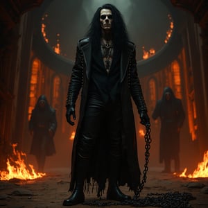 Eric Draven, a powerful metalhead, stands tall in a dark, eerie bedroom. His skull-face makeup glistens with a pale, ghostly complexion, while his long black hair flows like a river of night. He wears a black shirt, metal-spiked leather jacket, and skinny leather pants, adorned with tattoos and facial piercings. In the background, flames engulf the room, casting a fiery glow on the scene. Chains lie broken at Eric's feet, as if he has shattered the shackles that once bound him. The crow-like atmosphere is enhanced by the presence of goth boys in the shadows, adding to the haunting beauty of this heavy metal-inspired concept art.