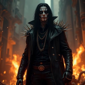 Masterpiece, concept art of Eric Draven, strong muscle metalheads (Heavy Metal style), Standing, not sitting, full shot scene, (full-shot scene), Goth boys, full-body, metalheads , males, full body, goth skull makeup, extremely black long hair, fullbody, full_body, full body, metal spiked leather jacket, skinny leather pants , tattoos, facial piercings , ghost white skin, black shirt, dark creepy bedroom, skull face, long hair, hard_rock clothes, breaking chains, full-body, full body, battlefield scenary, fire and steel, realistic, No watermark, no texts, the crow movie style, full_body, metal-spiked leather jacket, alice cooper