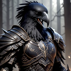 crow man, ravenlord, raven face, with armor, full body, action_pose, full_body, fighting with Orcs, human remains, realistic, realism, high quality, gothic style, movie scene, cinematic