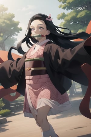 Nezuko is known as a great beauty in her hometown according to Tanjiro. She appears as a fair skinned young girl, with long dark brown hair that reaches just below her waist, where it starts to take on a vermilion color at the elbows. A pink ribbon to the side tying her bangs together revealing her forehead. She has slanted downwards wide narrow eyebrows framing her face. Notably she has long eyelashes covering her soft-looking pink eyes, gradually taking on a lighter color around the rims of the irises. The shape of her petite nose takes a slightly upturned appearance at the tip.

Nezuko is seen usually wearing a gag made of bamboo secured by red cloth around her jaw received from Giyu Tomioka. Her attire consists of a Sakura colored kimono with a geometric triangle design, secured by a checker patterned red and white obi embraced by an orange thread looped above the waist. Complimenting her kimono is a long dark brown haori which reaches down past her knees. She also wears straw zori sandals and white socks wrapped around dark brown thick bands. big boobs
