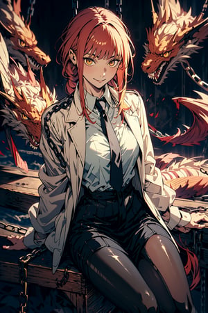 One female vampire, (golden eyes), long red hair, bangs, hair_past_waist, straight_hair, perfect figure, (( apparel, often in the form of long, two-tailed coats)), bats flying in the background, dragon background, darkness,makima \(chainsaw man\), best quality, ultra detailed, 1girl, solo, standing, red hair, long braided hair, golden eyes, bangs, medium breasts, white shirt, necktie, stare, smile, (evil:1.2), looking at viewer, (interview:1.3), (dark background, chains:1.3), sitting, pantyhose, ((1girl)), bottomless, beautiful, masterpiece, best quality, shiny skin, ,1 girl