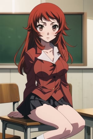 RED HAIR GIRL, SITTING ON A SCHOOL TABLE, IN SEXY UNIFORM
,fumina,kotonoha