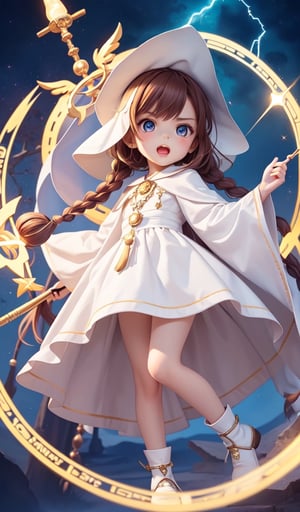 (10year old girl:1.5)), complete anatomy, children's body, child, super cute, girl, little girl, random poses,random angles, A composition that captures the whole body, magic wand, zero sauce art, loli, detailed fan art, witch girl, splash art anime loli, bright witch, official artwork, witch hatcommission, Cheerful,official fan art, cute art style, best quality, extreme light and shadow, loli, bright colors, high contrast, strong visual impact,night,((long braid hairstyle)), white boots, brown robe, white skirt, night view,bouncing hair,Put magic power into the magic wand, beautiful girl, 1 girl, loli, petite girl, top quality, masterpiece, high eyes,drooping eyes,(realism: 1.2)), petite, bangs, tall eyes, natural light,(Blue eyes),bangs, beautiful girl with fine details, Beautiful and delicate eyes, Beautiful girl, detailed face, Beautiful eyes, beautiful shining body, 8K images,((He holds up a staff, a strong light at the tip of the staff, a magic circle at his feet,angry,open mouth)),((Holds the staff with both hands)), ((Lightning bolt at the tip of the staff))