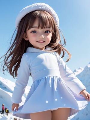 ((6year old girl:1.5)), 1 girl, loli, petite girl, complete anatomy, whole body, children's body, child, super cute, girl, little girl, beautiful girl,  beautiful shining body,
bangs,brown hair,high eyes,(aquamarine eyess), drooping eyes, petite,tall eyes, beautiful girl with fine details, Beautiful and delicate eyes, detailed face, Beautiful eyes, beautiful shining body, 
Smiles, happiness, 
((snowfield,snow scene)),(white fur ),Inuit folk costume,(snow mountain blue sky:1.5), 
Random poses, bouncy hair, random angles,
natural light,((realism: 1.2)), dynamic far view shot,cinematic lighting, perfect composition, by sumic.mic, ultra detailed, official art, masterpiece, (best quality:1.3), reflections, extremely detailed cg unity 8k wallpaper, detailed background, masterpiece, best quality, (masterpiece), (best quality:1.4), (ultra highres:1.2), (hyperrealistic:1.4), (photorealistic:1.2), best quality, high quality, highres, detail enhancement,