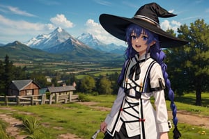 best quality, (masterpiece:1.2), detailed,1girl, solo, open mouth, light smile,twin braids, long hair, blue hair, blue eyes,white dress, neck ribbon, black ribbon, black skirt, witch hat, black hat,standing, looking at the viewer,outdoors, grass, tree, mountain