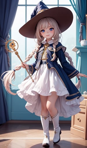 (10year old girl:1.5)), complete anatomy, children's body, child, super cute, girl, little girl, random poses,random angles, A composition that captures the whole body, magic wand, zero sauce art, loli, detailed fan art, witch girl, splash art anime loli, bright witch, official artwork, witch hatcommission, Cheerful,official fan art, cute art style, best quality, extreme light and shadow, loli, bright colors, high contrast, strong visual impact,night,((long braid hairstyle)), white boots, brown robe, white skirt, night view,bouncing hair,Put magic power into the magic wand, beautiful girl, 1 girl, loli, petite girl, top quality, masterpiece, high eyes,drooping eyes,(realism: 1.2)), petite, bangs, tall eyes, natural light,(Blue eyes),bangs, beautiful girl with fine details, Beautiful and delicate eyes, Beautiful girl, detailed face, Beautiful eyes, beautiful shining body, 8K images,