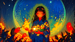 girl_in_field, field_of_flowers, yukata, grinning, happy_expression, bubbly_atmosphere, clear_skies, sunrays, lens_flare, strawhat, c.c., medium_shot, night_sky, colored_torches, starry_sky,no_humans,Endsinger, 50mm_lens, both_eyes_closed, long_hair, goggles_on_head, black_hair, holding_big_cannon, low_saturation