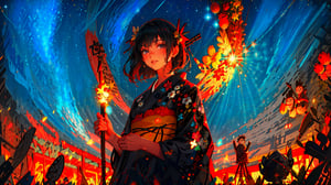girl_in_field, field_of_flowers, yukata, grinning, happy_expression, bubbly_atmosphere, clear_skies, sunrays, lens_flare, strawhat, c.c., medium_shot, night_sky, colored_torches, starry_sky, koe no katachi, no_humans,Endsinger, 50mm_lens