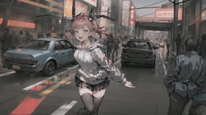 Endsinger,col, 1_Girl, Smiling_at_viewer, abstract_shadows, ,yofukashi background, No_humans, galaxy_sky, neon_signs, Mika_Pikazo_style, 50mm_lens, Focus_on_girl, timelapse_effect, cars_driving_past,LEGS, eye_closed, arms_crossed, girl_in_hoodie, girl_wearing_thighhighs, girl_has_coy_expression
