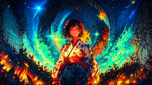 girl_in_field, field_of_flowers, yukata, grinning, happy_expression, bubbly_atmosphere, clear_skies, sunrays, lens_flare, strawhat, c.c., medium_shot, night_sky, colored_torches, starry_sky,no_humans,Endsinger, 50mm_lens