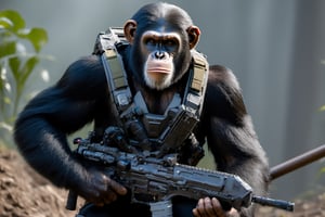 4K, 8K, masterpiece, perfect focus, in_focus, clear focus, best quality, dimly lit, insanely realistic, life like photo, photorealistic long shot of squad of apes futuristic guns raised escorting a sci-fi vehicle with light machine gun mounted on top in a jungle at night like in the movie act of valor, chimps shooting sci-fi guns, chimps aiming rifle, act of valor, genji armor, YAKEDA Full Protection Tactical Tank Top, bomb suit, flak jacket,  cloak, jungle camo armor pattern with neon orange  trim, soldier pants on chimps, aiming guns, firing guns, sci-fi open faced chimp helmet, chimps with cyberpunk headgear, full body armor, weapon master, sword in hand, sword neon glow, neon wrist weapons, bulky weathered space marine armor, perfect eyes, vengeful amber eyes, insanely detailed eyes, hyper realistic eyes, glassy eyes, 4k eyes, sci fi daggers on body, leader sword in hand, leader pistol in hand, leader shotgun, grenades, ultra detailed, flak armor, full body armor, super ripped chimps, huge muscles, neck protection armor, astronaut helmet on chimps, chimp with translucent visored helmet, sci fi helmets, tan weathered and ripped cloaks,  cyberpunk armor, enforcer armor, full sci-fi plate armor, bandoliers, chimps throwing grenades, chimp raising fist, super muscular chimps, artificially enhanced chimps, hyper detailed guns,, guns shouldered, all faces hyper realistic, first two rows faces hyper realistic, Sci fi guns, grumpy gorilla, leader weapon in hand, warrior, warrior armor, leader weathered red matter power suit armor, leader bulky armor, leader detailed eyes, hyper detailed eyes, Extremely detailed face, movie quality face, with a gun, sci-fi armor, cyborg armor, Extremely detailed armor, cyberpunk gasmask, armor glowing trim, helmets, attack stance, combat stance, rifle, raised, pistol raised, random expression, Congo-apes, Billy ape, helmets with face, flak_jackets, juggernaut armor, enforcer, chest armor, chest armor, shin_ armor, battle belts, tools on belt, bandolier, modern body armor, tech gauntlet, wrist armor, weapons, weapons in hand, weapons on back, the end of humanity, hammers, perfect faces, interesting expressions, natural skin, textured skin, hyper detailed faces, Extremely detailed faces, pores, Extremely detailed weapons, Extremely detailed bodies, planet of the apes, HIGH resolution, SUPER resolution, HYPER resolution, HD resolution, BEAUTIFUL, neon signs, Extremely detailed fur, photorealistic fur, caesar from planet of the apes, Landskaper, Devasted landscape, Forest 