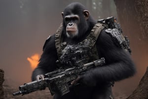 4K, 8K, masterpiece, perfect focus, in_focus, clear focus, best quality, insanely realistic, life like photo, photorealistic long shot of squad of apes futuristic guns raised escorting a sci-fi vehicle with light machine gun mounted on top in a jungle at night like in the movie act of valor, chimps shooting sci-fi guns, chimps aiming rifle, act of valor, genji armor, YAKEDA Full Protection Tactical Tank Top, bomb suit, flak jacket,  cloak, jungle camo armor pattern with neon orange  trim, soldier pants on chimps, aiming guns, firing guns, sci-fi open faced chimp helmet, chimps with cyberpunk headgear, full body armor, weapon master, sword in hand, sword neon glow, neon wrist weapons, bulky weathered space marine armor, perfect eyes, vengeful amber eyes, insanely detailed eyes, hyper realistic eyes, glassy eyes, 4k eyes, sci fi daggers on body, leader sword in hand, leader pistol in hand, leader shotgun, grenades, ultra detailed, flak armor, full body armor, super ripped chimps, huge muscles, neck protection armor, astronaut helmet on chimps, chimp with translucent visored helmet, sci fi helmets, tan weathered and ripped cloaks,  cyberpunk armor, enforcer armor,  full sci-fi plate armor, bandoliers, chimps throwing grenades, chimp raising fist, super muscular chimps, artificially enhanced chimps, intricately detailed guns, hyper detailed guns, intricately detailed weapon detail, guns shouldered, all faces hyper realistic, first two rows faces hyper realistic, Sci fi guns, grumpy gorilla, leader weapon in hand, warrior, warrior armor, leader weathered red matter power suit armor, leader bulky armor, leader detailed eyes, hyper detailed eyes, Extremely detailed face, movie quality face, with a gun, sci-fi armor, cyborg armor, Extremely detailed armor, cyberpunk gasmask, armor glowing trim, helmets, radiance, attack stance, combat stance, rifle, raised, pistol raised, random expression, Congo-apes, Billy ape, helmets with face, flak_jackets, juggernaut armor, enforcer, chest armor, chest armor, shin_ armor, battle belts, tools on belt, bandolier, modern body armor, tech gauntlet, wrist armor, weapons, weapons in hand, weapons on back, the end of humanity, hammers, perfect faces, interesting expressions, natural skin, textured skin, hyper detailed faces, Extremely detailed faces, pores, Extremely detailed weapons, Extremely detailed bodies, planet of the apes, HIGH resolution, SUPER resolution, HYPER resolution, HD resolution, BEAUTIFUL, neon signs, Extremely detailed fur, photorealistic fur, caesar from planet of the apes, Landskaper, Devasted landscape , Forest 