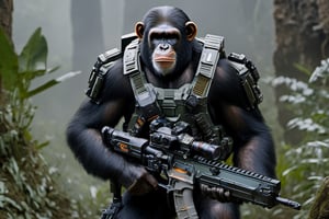 4K, 8K, masterpiece, perfect focus, in_focus, clear focus, best quality, dimly lit, insanely realistic, life like photo, photorealistic long shot of squad of apes futuristic guns raised escorting a sci-fi vehicle with light machine gun mounted on top in a jungle at night like in the movie act of valor, chimps shooting sci-fi guns, chimps aiming rifle, act of valor, genji armor, YAKEDA Full Protection Tactical Tank Top, bomb suit, flak jacket,  cloak, jungle camo armor pattern with neon orange  trim, soldier pants on chimps, aiming guns, firing guns, sci-fi open faced chimp helmet, chimps with cyberpunk headgear, full body armor, weapon master, sword in hand, sword neon glow, neon wrist weapons, bulky weathered space marine armor, perfect eyes, vengeful amber eyes, insanely detailed eyes, hyper realistic eyes, glassy eyes, 4k eyes, sci fi daggers on body, leader sword in hand, leader pistol in hand, leader shotgun, grenades, ultra detailed, flak armor, full body armor, super ripped chimps, huge muscles, neck protection armor, astronaut helmet on chimps, chimp with translucent visored helmet, sci fi helmets, tan weathered and ripped cloaks,  cyberpunk armor, enforcer armor, full sci-fi plate armor, bandoliers, chimps throwing grenades, chimp raising fist, super muscular chimps, artificially enhanced chimps, hyper detailed guns,, guns shouldered, all faces hyper realistic, first two rows faces hyper realistic, Sci fi guns, grumpy gorilla, leader weapon in hand, warrior, warrior armor, leader weathered red matter power suit armor, leader bulky armor, leader detailed eyes, hyper detailed eyes, Extremely detailed face, movie quality face, with a gun, sci-fi armor, cyborg armor, Extremely detailed armor, cyberpunk gasmask, armor glowing trim, helmets, attack stance, combat stance, rifle, raised, pistol raised, random expression, Congo-apes, Billy ape, helmets with face, flak_jackets, juggernaut armor, enforcer, chest armor, chest armor, shin_ armor, battle belts, tools on belt, bandolier, modern body armor, tech gauntlet, wrist armor, weapons, weapons in hand, weapons on back, the end of humanity, hammers, perfect faces, interesting expressions, natural skin, textured skin, hyper detailed faces, Extremely detailed faces, pores, Extremely detailed weapons, Extremely detailed bodies, planet of the apes, HIGH resolution, SUPER resolution, HYPER resolution, HD resolution, BEAUTIFUL, neon signs, Extremely detailed fur, photorealistic fur, caesar from planet of the apes, Landskaper, Devasted landscape, Forest 