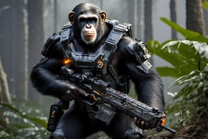 4K, 8K, masterpiece, perfect focus, in_focus, clear focus, best quality, dimly lit, insanely realistic, life like photo, photorealistic long shot of squad of apes futuristic guns raised escorting a sci-fi vehicle with light machine gun mounted on top in a jungle at night like in the movie act of valor, chimps shooting sci-fi guns, chimps aiming rifle, act of valor, genji armor, YAKEDA Full Protection Tactical Tank Top, bomb suit, flak jacket,  cloak, jungle camo armor pattern with neon orange  trim, soldier pants on chimps, aiming guns, firing guns, sci-fi open faced chimp helmet, chimps with cyberpunk headgear, full body armor, weapon master, sword in hand, sword neon glow, neon wrist weapons, bulky weathered space marine armor, perfect eyes, vengeful amber eyes, insanely detailed eyes, hyper realistic eyes, glassy eyes, 4k eyes, sci fi daggers on body, leader sword in hand, leader pistol in hand, leader shotgun, grenades, ultra detailed, flak armor, full body armor, super ripped chimps, huge muscles, neck protection armor, astronaut helmet on chimps, chimp with translucent visored helmet, sci fi helmets, tan weathered and ripped cloaks,  cyberpunk armor, enforcer armor, full sci-fi plate armor, bandoliers, chimps throwing grenades, chimp raising fist, super muscular chimps, artificially enhanced chimps, hyper detailed guns,, guns shouldered, all faces hyper realistic, first two rows faces hyper realistic, Sci fi guns, grumpy gorilla, leader weapon in hand, warrior, warrior armor, leader weathered red matter power suit armor, leader bulky armor, leader detailed eyes, hyper detailed eyes, Extremely detailed face, movie quality face, with a gun, sci-fi armor, cyborg armor, Extremely detailed armor, cyberpunk gasmask, armor glowing trim, helmets, attack stance, combat stance, rifle, raised, pistol raised, random expression, Congo-apes, Billy ape, helmets with face, flak_jackets, juggernaut armor, enforcer, chest armor, chest armor, shin_ armor, battle belts, tools on belt, bandolier, modern body armor, tech gauntlet, wrist armor, weapons, weapons in hand, weapons on back, the end of humanity, hammers, perfect faces, interesting expressions, natural skin, textured skin, hyper detailed faces, Extremely detailed faces, pores, Extremely detailed weapons, Extremely detailed bodies, planet of the apes, HIGH resolution, SUPER resolution, HYPER resolution, HD resolution, BEAUTIFUL, neon signs, Extremely detailed fur, photorealistic fur, caesar from planet of the apes, Landskaper, Devasted landscape, Forest 