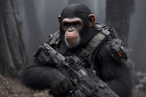 4K, 8K, masterpiece, perfect focus, in_focus, clear focus, best quality, insanely realistic, life like photo, photorealistic long shot of squad of apes futuristic guns raised escorting a sci-fi vehicle with light machine gun mounted on top in a jungle at night like in the movie act of valor, chimps shooting sci-fi guns, chimps aiming rifle, act of valor, genji armor, YAKEDA Full Protection Tactical Tank Top, bomb suit, flak jacket,  cloak, jungle camo armor pattern with neon orange  trim, soldier pants on chimps, aiming guns, firing guns, sci-fi open faced chimp helmet, chimps with cyberpunk headgear, full body armor, weapon master, sword in hand, sword neon glow, neon wrist weapons, bulky weathered space marine armor, perfect eyes, vengeful amber eyes, insanely detailed eyes, hyper realistic eyes, glassy eyes, 4k eyes, sci fi daggers on body, leader sword in hand, leader pistol in hand, leader shotgun, grenades, ultra detailed, flak armor, full body armor, super ripped chimps, huge muscles, neck protection armor, astronaut helmet on chimps, chimp with translucent visored helmet, sci fi helmets, tan weathered and ripped cloaks,  cyberpunk armor, enforcer armor,  full sci-fi plate armor, bandoliers, chimps throwing grenades, chimp raising fist, super muscular chimps, artificially enhanced chimps, intricately detailed guns, hyper detailed guns, intricately detailed weapon detail, guns shouldered, all faces hyper realistic, first two rows faces hyper realistic, Sci fi guns, grumpy gorilla, leader weapon in hand, warrior, warrior armor, leader weathered red matter power suit armor, leader bulky armor, leader detailed eyes, hyper detailed eyes, Extremely detailed face, movie quality face, with a gun, sci-fi armor, cyborg armor, Extremely detailed armor, cyberpunk gasmask, armor glowing trim, helmets, radiance, attack stance, combat stance, rifle, raised, pistol raised, random expression, Congo-apes, Billy ape, helmets with face, flak_jackets, juggernaut armor, enforcer, chest armor, chest armor, shin_ armor, battle belts, tools on belt, bandolier, modern body armor, tech gauntlet, wrist armor, weapons, weapons in hand, weapons on back, the end of humanity, hammers, perfect faces, interesting expressions, natural skin, textured skin, hyper detailed faces, Extremely detailed faces, pores, Extremely detailed weapons, Extremely detailed bodies, planet of the apes, HIGH resolution, SUPER resolution, HYPER resolution, HD resolution, BEAUTIFUL, neon signs, Extremely detailed fur, photorealistic fur, caesar from planet of the apes, Landskaper, Devasted landscape , Forest 