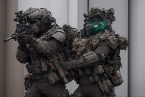 4K, 8K, masterpiece, perfect focus, in_focus, clear focus, best quality, insanely realistic, life like photo, photorealistic long shot of squad of apes futuristic guns raised patrolling sci-fi brutalist city street at night like in the movie act of valor, chimps shooting sci-fi guns, chimps aiming rifle, act of valor, genji armor, YAKEDA Full Protection Tactical Tank Top, bomb suit, flak jacket,  cloak, jungle camo armor pattern with neon orange  trim, soldier pants on chimps, aiming guns, firing guns, sci-fi open faced chimp helmet, chimps with cyberpunk headgear, full body armor, weapon master, sword in hand, sword neon glow, neon wrist weapons, bulky weathered space marine armor, perfect eyes, vengeful amber eyes, insanely detailed eyes, hyper realistic eyes, glassy eyes, 4k eyes, sci fi daggers on body, leader sword in hand, leader pistol in hand, leader shotgun, grenades, ultra detailed, flak armor, full body armor, super ripped chimps, huge muscles, neck protection armor, astronaut helmet on chimps, chimp with translucent visored helmet, sci fi helmets, tan weathered and ripped cloaks,  cyberpunk armor, enforcer armor,  full sci-fi plate armor, bandoliers, chimps throwing grenades, chimp raising fist, super muscular chimps, artificially enhanced chimps, intricately detailed guns, hyper detailed guns, intricately detailed weapon detail, guns shouldered, all faces hyper realistic, first two rows faces hyper realistic, Sci fi guns, grumpy gorilla, leader weapon in hand, warrior, warrior armor, leader weathered red matter power suit armor, leader bulky armor, leader detailed eyes, hyper detailed eyes, Extremely detailed face, movie quality face, with a gun, sci-fi armor, cyborg armor, Extremely detailed armor, cyberpunk gasmask, armor glowing trim, helmets, radiance, attack stance, combat stance, rifle, raised, pistol raised, random expression, Congo-apes, Billy ape, helmets with face, flak_jackets, juggernaut armor, enforcer, chest armor, chest armor, shin_ armor, battle belts, tools on belt, bandolier, modern body armor, tech gauntlet, wrist armor, weapons, weapons in hand, weapons on back, the end of humanity, hammers, perfect faces, interesting expressions, natural skin, textured skin, hyper detailed faces, Extremely detailed faces, pores, Extremely detailed weapons, Extremely detailed bodies, planet of the apes, HIGH resolution, SUPER resolution, HYPER resolution, HD resolution, BEAUTIFUL, neon signs, Extremely detailed fur, photorealistic fur, caesar from planet of the apes, Landskaper, Devasted landscape , Forest 