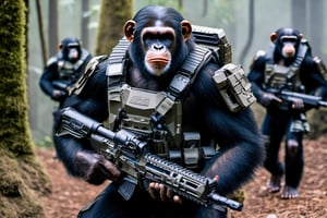 4K, 8K, masterpiece, perfect focus, in_focus, clear focus, best quality, insanely realistic, life like photo, photorealistic long shot of squad of apes futuristic guns raised escorting a sci-fi vehicle with light machine gun mounted on top in a jungle at night like in the movie act of valor, chimps shooting sci-fi guns, chimps aiming rifle, act of valor, genji armor, YAKEDA Full Protection Tactical Tank Top, bomb suit, flak jacket,  cloak, jungle camo armor pattern with neon orange  trim, soldier pants on chimps, aiming guns, firing guns, sci-fi open faced chimp helmet, chimps with cyberpunk headgear, full body armor, weapon master, sword in hand, sword neon glow, neon wrist weapons, bulky weathered space marine armor, perfect eyes, vengeful amber eyes, insanely detailed eyes, hyper realistic eyes, glassy eyes, 4k eyes, sci fi daggers on body, leader sword in hand, leader pistol in hand, leader shotgun, grenades, ultra detailed, flak armor, full body armor, super ripped chimps, huge muscles, neck protection armor, astronaut helmet on chimps, chimp with translucent visored helmet, sci fi helmets, tan weathered and ripped cloaks,  cyberpunk armor, enforcer armor, full sci-fi plate armor, bandoliers, chimps throwing grenades, chimp raising fist, super muscular chimps, artificially enhanced chimps, hyper detailed guns,, guns shouldered, all faces hyper realistic, first two rows faces hyper realistic, Sci fi guns, grumpy gorilla, leader weapon in hand, warrior, warrior armor, leader weathered red matter power suit armor, leader bulky armor, leader detailed eyes, hyper detailed eyes, Extremely detailed face, movie quality face, with a gun, sci-fi armor, cyborg armor, Extremely detailed armor, cyberpunk gasmask, armor glowing trim, helmets, attack stance, combat stance, rifle, raised, pistol raised, random expression, Congo-apes, Billy ape, helmets with face, flak_jackets, juggernaut armor, enforcer, chest armor, chest armor, shin_ armor, battle belts, tools on belt, bandolier, modern body armor, tech gauntlet, wrist armor, weapons, weapons in hand, weapons on back, the end of humanity, hammers, perfect faces, interesting expressions, natural skin, textured skin, hyper detailed faces, Extremely detailed faces, pores, Extremely detailed weapons, Extremely detailed bodies, planet of the apes, HIGH resolution, SUPER resolution, HYPER resolution, HD resolution, BEAUTIFUL, neon signs, Extremely detailed fur, photorealistic fur, caesar from planet of the apes, Landskaper, Devasted landscape, Forest 