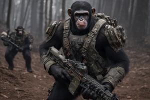 4K, 8K, masterpiece, perfect focus, in_focus, clear focus, best quality, insanely realistic, life like photo, photorealistic long shot of squad of apes futuristic guns raised escorting a sci-fi vehicle with light machine gun mounted on top in a jungle at night like in the movie act of valor, chimps shooting sci-fi guns, chimps aiming rifle, act of valor, genji armor, YAKEDA Full Protection Tactical Tank Top, bomb suit, flak jacket,  cloak, jungle camo armor pattern with neon orange  trim, soldier pants on chimps, aiming guns, firing guns, sci-fi open faced chimp helmet, chimps with cyberpunk headgear, full body armor, weapon master, sword in hand, sword neon glow, neon wrist weapons, bulky weathered space marine armor, perfect eyes, vengeful amber eyes, insanely detailed eyes, hyper realistic eyes, glassy eyes, 4k eyes, sci fi daggers on body, leader sword in hand, leader pistol in hand, leader shotgun, grenades, ultra detailed, flak armor, full body armor, super ripped chimps, huge muscles, neck protection armor, astronaut helmet on chimps, chimp with translucent visored helmet, sci fi helmets, tan weathered and ripped cloaks,  cyberpunk armor, enforcer armor,  full sci-fi plate armor, bandoliers, chimps throwing grenades, chimp raising fist, super muscular chimps, artificially enhanced chimps, intricately detailed guns, hyper detailed guns, intricately detailed weapon detail, guns shouldered, all faces hyper realistic, first two rows faces hyper realistic, Sci fi guns, grumpy gorilla, leader weapon in hand, warrior, warrior armor, leader weathered red matter power suit armor, leader bulky armor, leader detailed eyes, hyper detailed eyes, Extremely detailed face, movie quality face, with a gun, sci-fi armor, cyborg armor, Extremely detailed armor, cyberpunk gasmask, armor glowing trim, helmets, radiance, attack stance, combat stance, rifle, raised, pistol raised, random expression, Congo-apes, Billy ape, helmets with face, flak_jackets, juggernaut armor, enforcer, chest armor, chest armor, shin_ armor, battle belts, tools on belt, bandolier, modern body armor, tech gauntlet, wrist armor, weapons, weapons in hand, weapons on back, the end of humanity, hammers, perfect faces, interesting expressions, natural skin, textured skin, hyper detailed faces, Extremely detailed faces, pores, Extremely detailed weapons, Extremely detailed bodies, planet of the apes, HIGH resolution, SUPER resolution, HYPER resolution, HD resolution, BEAUTIFUL, neon signs, Extremely detailed fur, photorealistic fur, caesar from planet of the apes, Landskaper, Devasted landscape , Forest 