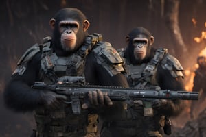 4K, 8K, masterpiece, perfect focus, in_focus, nightime,  clear focus, best quality, dimly lit, cinematic lighting, insanely realistic, life like photo, photorealistic long shot of squad of apes futuristic guns raised escorting a sci-fi vehicle with light machine gun mounted on top in a jungle on fire at night like in the movie act of valor, chimps shooting sci-fi guns, chimps aiming rifle, act of valor, genji armor, YAKEDA Full Protection Tactical Tank Top, bomb suit, flak jacket,  cloak, jungle camo armor pattern with neon orange  trim, soldier pants on chimps, aiming guns, firing guns, sci-fi open faced chimp helmet, chimps with cyberpunk headgear, full body armor, weapon master, sword in hand, sword neon glow, neon wrist weapons, bulky weathered space marine armor, perfect eyes, vengeful amber eyes, insanely detailed eyes, hyper realistic eyes, glassy eyes, 4k eyes, sci fi daggers on body, leader sword in hand, leader pistol in hand, leader shotgun, grenades, ultra detailed, flak armor, full body armor, super ripped chimps, huge muscles, neck protection armor, astronaut helmet on chimps, chimp with translucent visored helmet, sci fi helmets, tan weathered and ripped cloaks,  cyberpunk armor, enforcer armor, full sci-fi plate armor, bandoliers, chimps throwing grenades, chimp raising fist, super muscular chimps, artificially enhanced chimps, hyper detailed guns,, guns shouldered, all faces hyper realistic, first two rows faces hyper realistic, Sci fi guns, grumpy gorilla, leader weapon in hand, warrior, warrior armor, leader weathered red matter power suit armor, leader bulky armor, leader detailed eyes, hyper detailed eyes, Extremely detailed face, movie quality face, with a gun, sci-fi armor, cyborg armor, Extremely detailed armor, cyberpunk gasmask, armor glowing trim, helmets, attack stance, combat stance, rifle, raised, pistol raised, random expression, Congo-apes, Billy ape, helmets with face, flak_jackets, juggernaut armor, enforcer, chest armor, chest armor, shin_ armor, battle belts, tools on belt, bandolier, modern body armor, tech gauntlet, wrist armor, weapons, weapons in hand, weapons on back, the end of humanity, hammers, perfect faces, interesting expressions, natural skin, textured skin, hyper detailed faces, Extremely detailed faces, pores, Extremely detailed weapons, Extremely detailed bodies, planet of the apes, HIGH resolution, SUPER resolution, HYPER resolution, HD resolution, BEAUTIFUL, neon signs, Extremely detailed fur, photorealistic fur, caesar from planet of the apes, Landskaper, Devasted landscape, Forest 