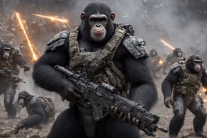 4K, 8K, masterpiece, perfect focus, in_focus, clear focus, best quality, insanely realistic, life like photo, long shot of squad of apes shooting futuristic flamethrowers assaulting a human base in a mountain base at night like in the movie act of valor, 4k guns, 4k armor, chimps yelling, chimps shooting flamethrowers, hyper detailed fire, 4k fire, smooth guns, chimps shooting sci-fi guns, chimps aiming rifle, act of valor, genji armor, YAKEDA Full Protection Tactical Tank Top, bomb suit, flak jacket,  cloak, jungle camo armor pattern with neon orange  trim, soldier pants on chimps, holding glowing lightning sword, aiming guns, firing guns, sci-fi open faced chimp helmet, chimps with cyberpunk headgear, full body armor, weapon master, sword in hand, sword neon glow, neon wrist weapons, bulky weathered space marine armor, perfect eyes, vengeful amber eyes, insanely detailed eyes, hyper realistic eyes, glassy eyes, 4k eyes, sci fi daggers on body, leader sword in hand, leader pistol in hand, leader shotgun, grenades, ultra detailed, flak armor, full body armor, super ripped chimps, huge muscles, neck protection armor, astronaut helmet on chimps, chimp with translucent visored helmet, sci fi helmets, tan weathered and ripped cloaks,  cyberpunk armor, enforcer armor,  full sci-fi plate armor, bandoliers, chimps throwing grenades, chimp raising fist, super muscular chimps, artificially enhanced chimps, intricately detailed guns, hyper detailed guns, intricately detailed weapon detail, guns shouldered, all faces hyper realistic, first two rows faces hyper realistic, Sci fi guns, grumpy gorilla, leader weapon in hand, warrior, warrior armor, leader weathered red matter power suit armor, leader bulky armor, leader detailed eyes, hyper detailed eyes, Extremely detailed face, movie quality face, with a gun, sci-fi armor, cyborg armor, Extremely detailed armor, cyberpunk gasmask, armor glowing trim, helmets, radiance, attack stance, combat stance, rifle, raised, pistol raised, random expression, Congo-apes, Billy ape, helmets with face, flak_jackets, juggernaut armor, enforcer, torches in hand, torches, cinematic fire, chest armor, chest armor, shin_ armor, battle belts, tools on belt, bandolier, modern body armor, tech gauntlet, wrist armor, weapons, weapons in hand, weapons on back, the end of humanity, hammers, perfect faces, interesting expressions, natural skin, textured skin, hyper detailed faces, Extremely detailed faces, pores, Extremely detailed weapons, Extremely detailed bodies, planet of the apes, HIGH resolution, SUPER resolution, HYPER resolution, HD resolution, BEAUTIFUL, neon signs, Extremely detailed fur, photorealistic fur, caesar from planet of the apes, high quality, high resolution, extremely detailed, sharpness, intricate, high quality_textures, high resolution_textures