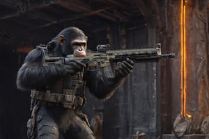 4K, 8K, masterpiece, perfect focus, in_focus, nightime,  clear focus, best quality, dimly lit, cinematic lighting, insanely realistic, life like photo, photorealistic long shot of squad of apes futuristic guns raised escorting a sci-fi vehicle with light machine gun mounted on top in a jungle on fire at night like in the movie act of valor, chimps shooting sci-fi guns, chimps aiming rifle, act of valor, genji armor, YAKEDA Full Protection Tactical Tank Top, bomb suit, flak jacket,  cloak, jungle camo armor pattern with neon orange  trim, soldier pants on chimps, aiming guns, firing guns, sci-fi open faced chimp helmet, chimps with cyberpunk headgear, full body armor, weapon master, sword in hand, sword neon glow, neon wrist weapons, bulky weathered space marine armor, perfect eyes, vengeful amber eyes, insanely detailed eyes, hyper realistic eyes, glassy eyes, 4k eyes, sci fi daggers on body, leader sword in hand, leader pistol in hand, leader shotgun, grenades, ultra detailed, flak armor, full body armor, super ripped chimps, huge muscles, neck protection armor, astronaut helmet on chimps, chimp with translucent visored helmet, sci fi helmets, tan weathered and ripped cloaks,  cyberpunk armor, enforcer armor, full sci-fi plate armor, bandoliers, chimps throwing grenades, chimp raising fist, super muscular chimps, artificially enhanced chimps, hyper detailed guns,, guns shouldered, all faces hyper realistic, first two rows faces hyper realistic, Sci fi guns, grumpy gorilla, leader weapon in hand, warrior, warrior armor, leader weathered red matter power suit armor, leader bulky armor, leader detailed eyes, hyper detailed eyes, Extremely detailed face, movie quality face, with a gun, sci-fi armor, cyborg armor, Extremely detailed armor, cyberpunk gasmask, armor glowing trim, helmets, attack stance, combat stance, rifle, raised, pistol raised, random expression, Congo-apes, Billy ape, helmets with face, flak_jackets, juggernaut armor, enforcer, chest armor, chest armor, shin_ armor, battle belts, tools on belt, bandolier, modern body armor, tech gauntlet, wrist armor, weapons, weapons in hand, weapons on back, the end of humanity, hammers, perfect faces, interesting expressions, natural skin, textured skin, hyper detailed faces, Extremely detailed faces, pores, Extremely detailed weapons, Extremely detailed bodies, planet of the apes, HIGH resolution, SUPER resolution, HYPER resolution, HD resolution, BEAUTIFUL, neon signs, Extremely detailed fur, photorealistic fur, caesar from planet of the apes, Landskaper, Devasted landscape, Forest 