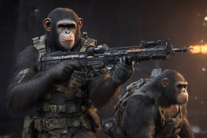 4K, 8K, masterpiece, perfect focus, in_focus, nightime,  clear focus, best quality, dimly lit, cinematic lighting, insanely realistic, life like photo, photorealistic long shot of squad of apes futuristic guns raised escorting a sci-fi vehicle with light machine gun mounted on top in a jungle on fire at night like in the movie act of valor, chimps shooting sci-fi guns, chimps aiming rifle, act of valor, genji armor, YAKEDA Full Protection Tactical Tank Top, bomb suit, flak jacket,  cloak, jungle camo armor pattern with neon orange  trim, soldier pants on chimps, aiming guns, firing guns, sci-fi open faced chimp helmet, chimps with cyberpunk headgear, full body armor, weapon master, sword in hand, sword neon glow, neon wrist weapons, bulky weathered space marine armor, perfect eyes, vengeful amber eyes, insanely detailed eyes, hyper realistic eyes, glassy eyes, 4k eyes, sci fi daggers on body, leader sword in hand, leader pistol in hand, leader shotgun, grenades, ultra detailed, flak armor, full body armor, super ripped chimps, huge muscles, neck protection armor, astronaut helmet on chimps, chimp with translucent visored helmet, sci fi helmets, tan weathered and ripped cloaks,  cyberpunk armor, enforcer armor, full sci-fi plate armor, bandoliers, chimps throwing grenades, chimp raising fist, super muscular chimps, artificially enhanced chimps, hyper detailed guns,, guns shouldered, all faces hyper realistic, first two rows faces hyper realistic, Sci fi guns, grumpy gorilla, leader weapon in hand, warrior, warrior armor, leader weathered red matter power suit armor, leader bulky armor, leader detailed eyes, hyper detailed eyes, Extremely detailed face, movie quality face, with a gun, sci-fi armor, cyborg armor, Extremely detailed armor, cyberpunk gasmask, armor glowing trim, helmets, attack stance, combat stance, rifle, raised, pistol raised, random expression, Congo-apes, Billy ape, helmets with face, flak_jackets, juggernaut armor, enforcer, chest armor, chest armor, shin_ armor, battle belts, tools on belt, bandolier, modern body armor, tech gauntlet, wrist armor, weapons, weapons in hand, weapons on back, the end of humanity, hammers, perfect faces, interesting expressions, natural skin, textured skin, hyper detailed faces, Extremely detailed faces, pores, Extremely detailed weapons, Extremely detailed bodies, planet of the apes, HIGH resolution, SUPER resolution, HYPER resolution, HD resolution, BEAUTIFUL, neon signs, Extremely detailed fur, photorealistic fur, caesar from planet of the apes, Landskaper, Devasted landscape, Forest 