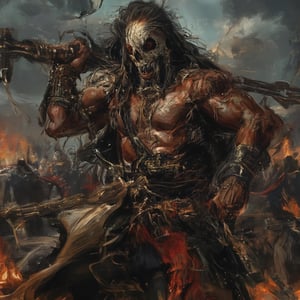 (masterpiece) strong muscle medieval warrior, skull face, long hair, breaking chains, log hair, medieval scene, battlefield scenary, fire and steel, manowar, Manowar style, manowar cover album,ghostrider, conan the Cimmerian, realistic