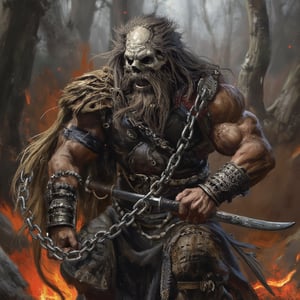 (masterpiece) strong muscle medieval warrior, skull face, long hair, breaking chains, log hair, medieval scene, battlefield scenary, fire and steel, manowar, Manowar style, manowar cover album,ghostrider, conan the Cimmerian, realistic