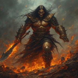 (masterpiece) strong muscle medieval warrior, skull face, long hair, breaking chains, log hair, full body, medieval scene, battlefield scenary, fire and steel, manowar, Manowar style, manowar cover album,ghostrider, conan the Cimmerian, realistic