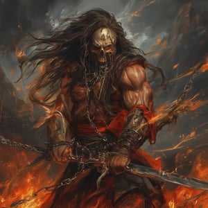 (masterpiece) strong muscle medieval warrior, skull face, long hair, breaking chains, log hair, medieval scene, battlefield scenary, fire and steel, manowar, Manowar style, manowar cover album,ghostrider, conan the Cimmerian, realistic