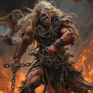 (masterpiece) strong muscle medieval warrior, skull face, long hair, breaking chains, log hair, medieval scene, battlefield scenary, fire and steel, manowar, Manowar style, manowar cover album,ghostrider, conan the Cimmerian, realistic