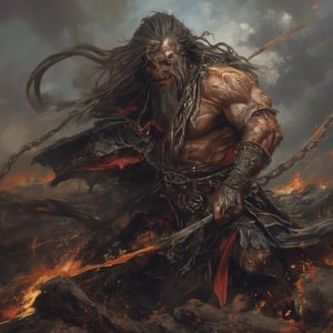 (masterpiece) strong muscle medieval warrior, skull face, long hair, breaking chains, log hair, medieval scene, battlefield scenary, fire and steel, manowar, Manowar style, manowar cover album,ghostrider, conan the Cimmerian, realistic