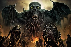 apocalyptic Sinister and disturbing monsters that are in the shadows lurking with very bad intentions to scare people. The monster in question is a creation of Lovecraft.,LegendDarkFantasy,post-apocalyptic