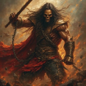 (masterpiece) strong muscle medieval warrior, skull face, long hair, breaking chains, log hair, full body, medieval scene, battlefield scenary, fire and steel, manowar, Manowar style, manowar cover album,ghostrider, conan the Cimmerian, realistic